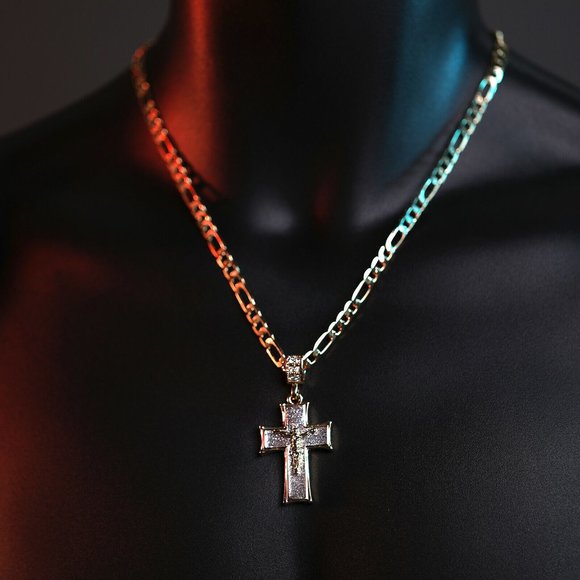 Iced 14k Gold Men's Jesus Cross Pendant + Chain - Picture 1 of 3